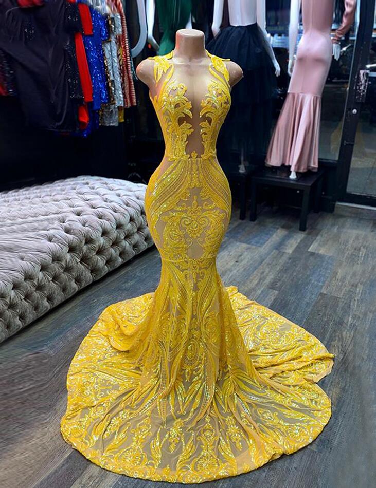 Sparkly Yellow Sequin Evening Dress