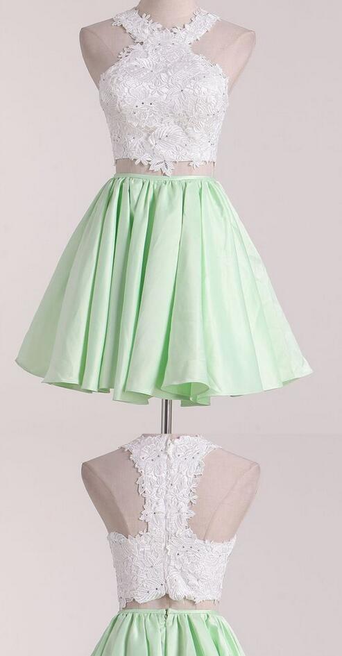 Two Piece Satin Cap Sleeves Homecoming Dress With Beading main image 1