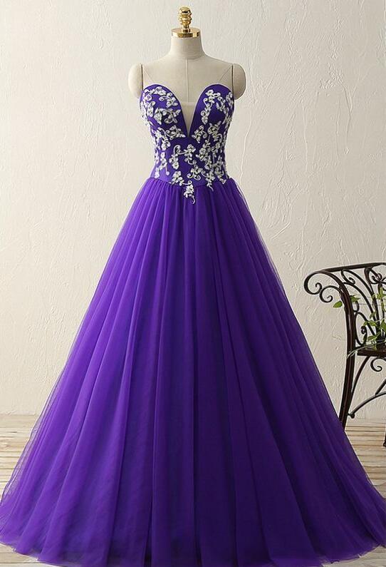 Unique Ball Gown Sweetheart Tiered Satin Lace Floral Beaded Long Prom Dress, Evening Dress main image 1