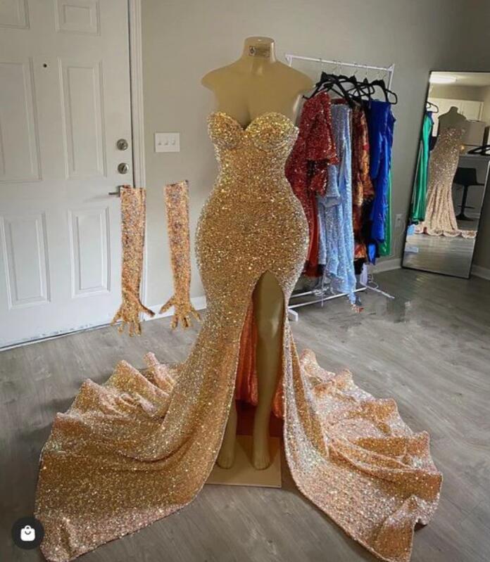 Mermaid Prom Dress Sequins Long Black Girl Prom Dresses With Split