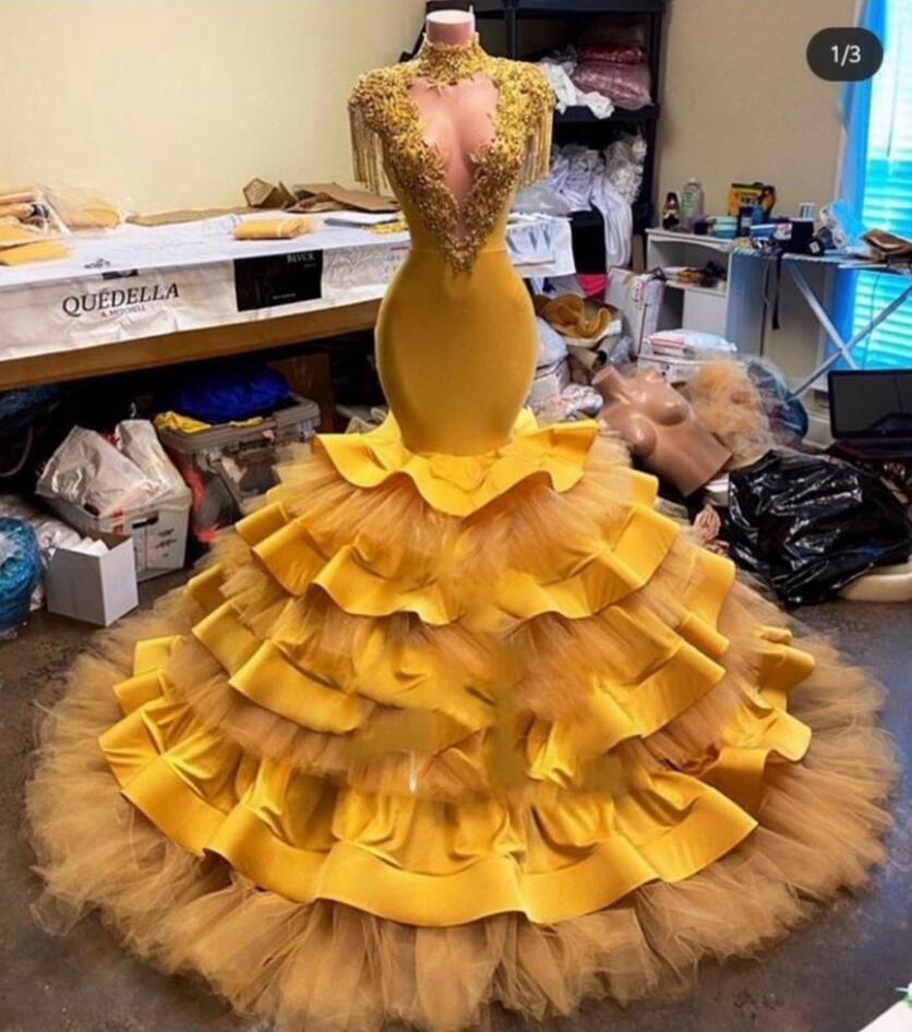 Vintage High Neck Yellow Evening Dresses,tiered 2023 Prom Dresses