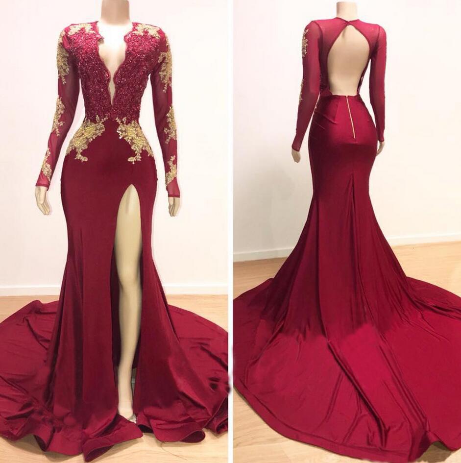 Mermaid Burgundy Lace Applique Evening Dresses