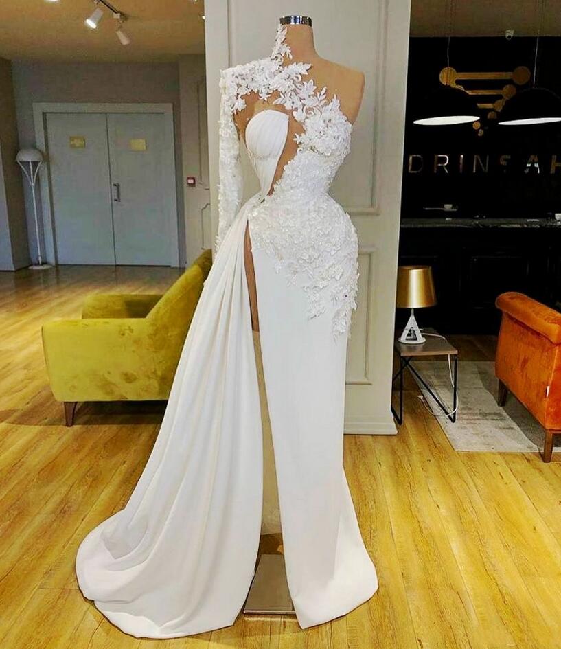 One Shoulder High Neck White Evening Dresses With Lace