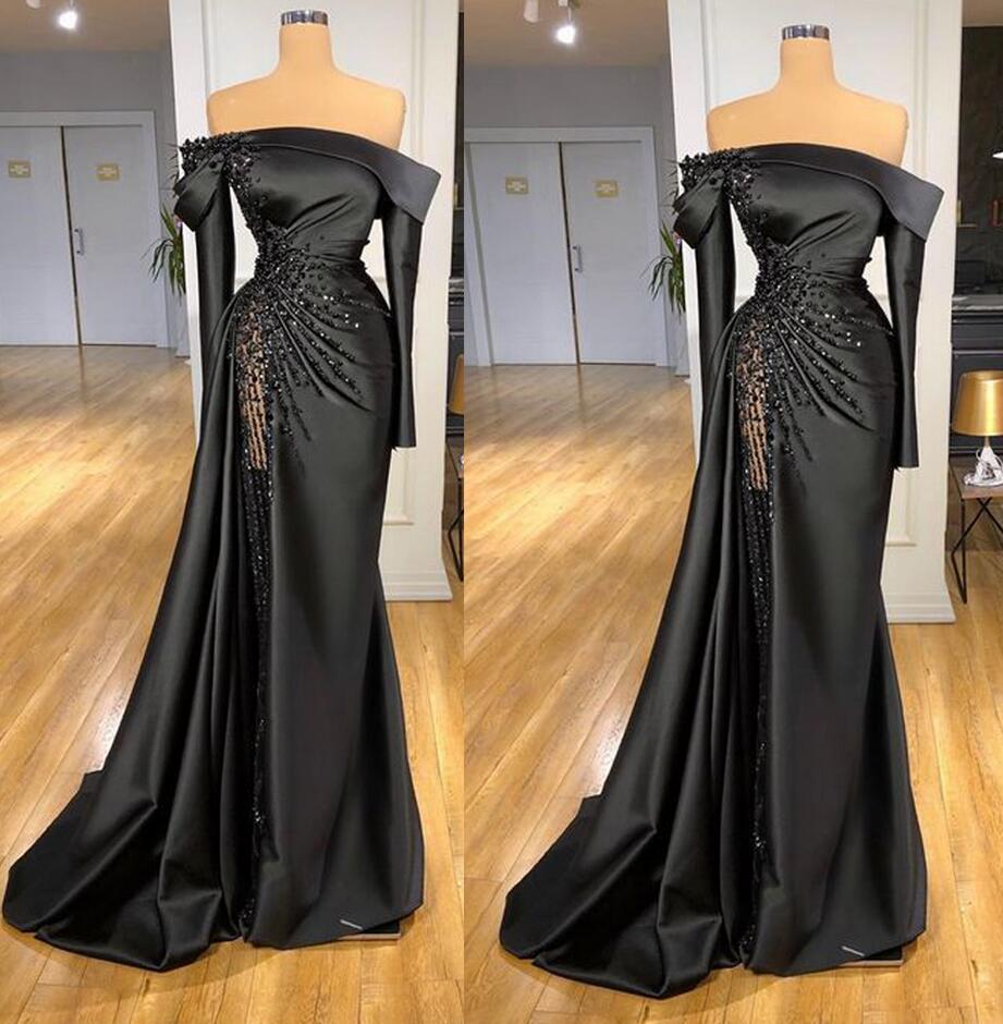 Modest Off Shoulder Black Evening Dress With Long Sleeves on Luulla