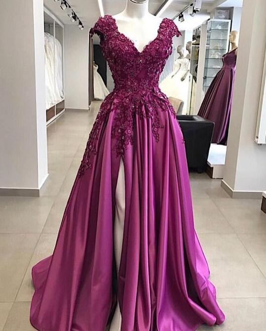 A Line Purple Fuchsia Cap Sleeve Prom Dress