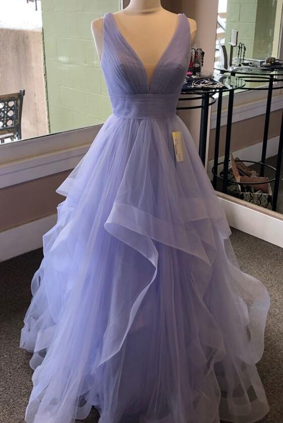 Simple V Neck Lilac Tulle Prom Dress