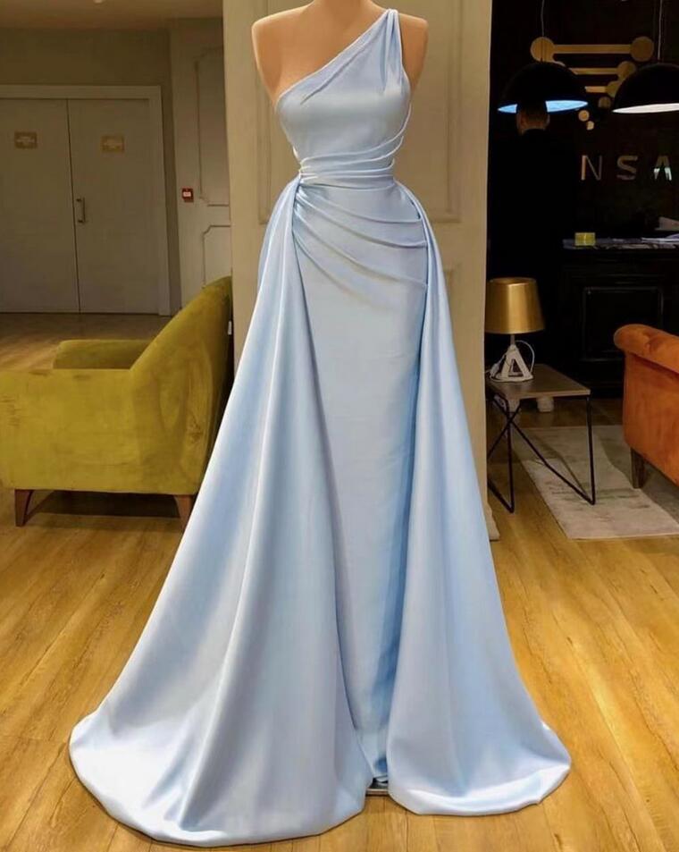Simple One Shoulder Blue Stain Prom Dresses