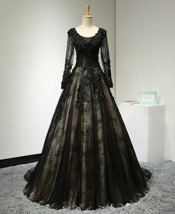 Ball Gown Black Long Sleeves Lace Prom Dresses,Beading Formal Evening Dresses C1974