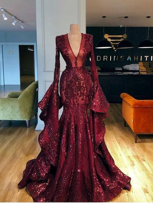 Modest Burgundy Luxury Sparkly Evening Dress