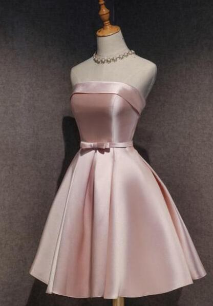 Cute Knee Length Pink Satin Short Prom Homecoming Dress