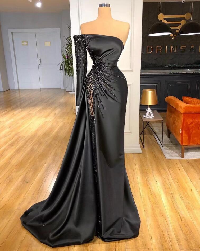 Vintage One Shoulder Beaded Black Prom Dress on Luulla