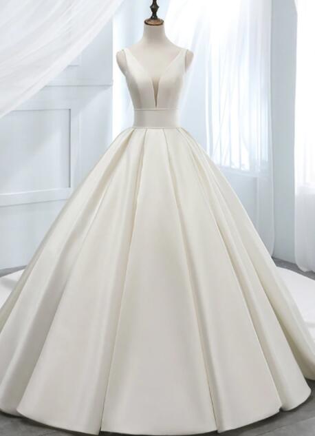 Long Ball Gown Satin V-neck Wedding Dress with Sleeves