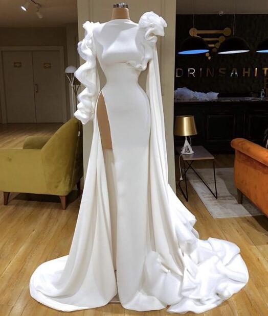 Mermaid Side Slit White Ruffle Prom Dresses