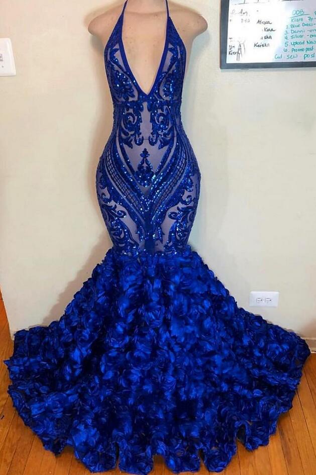 Sexy Mermaid Royal Blue Sequin Evening Dresses With Flowers