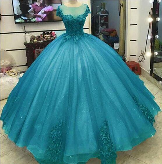 Ball Gown Sheer Crew Tulle Lace Prom Dresses