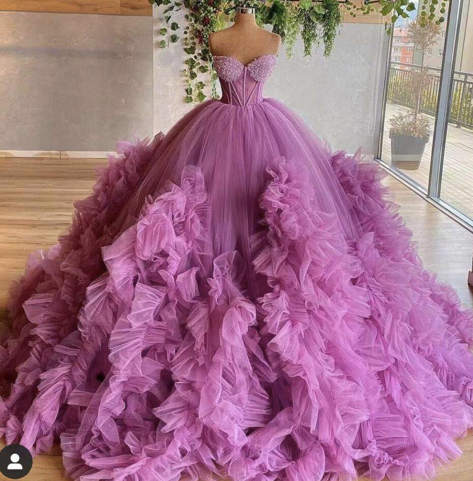 Ball Gown Sweetheart Ruffle Pink Tule Prom Dresses