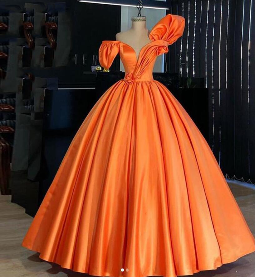 vintage orange prom dress Orange Tulle A-line V-neck Lace Appliques Prom Dresses, Evening Gown, MP827
