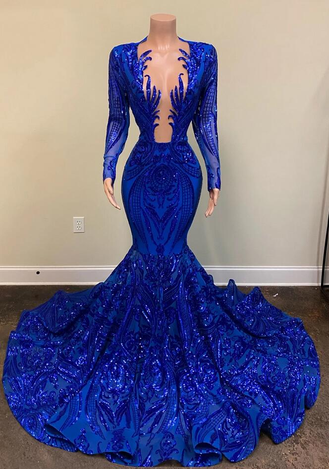 strapless open back dress Mermaid Royal Blue Sparkly Sweetheart Long Evening Prom Dresses, MR915 –  MarryLover main image 0