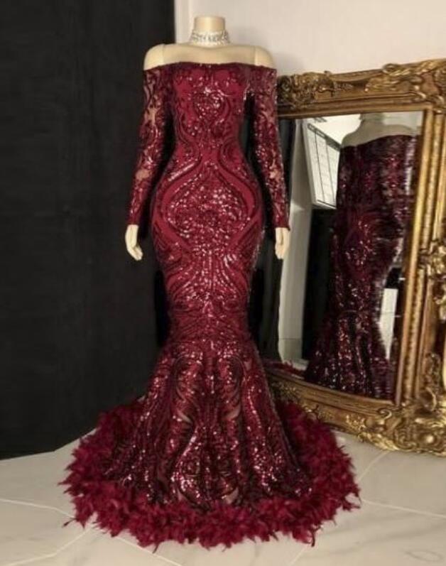 Mermaid Off The Shoulder Wine Red Sequin Prom Dresses on Luulla