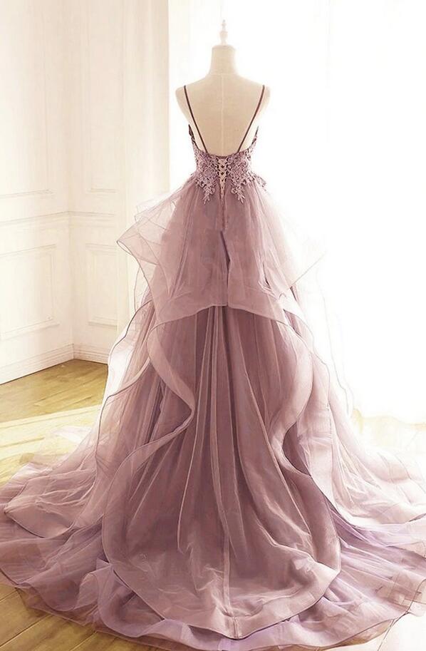 Pink Tulle and Black Lace Applique Full Length Evening Party Prom Princess Dress Custom W5-2.15