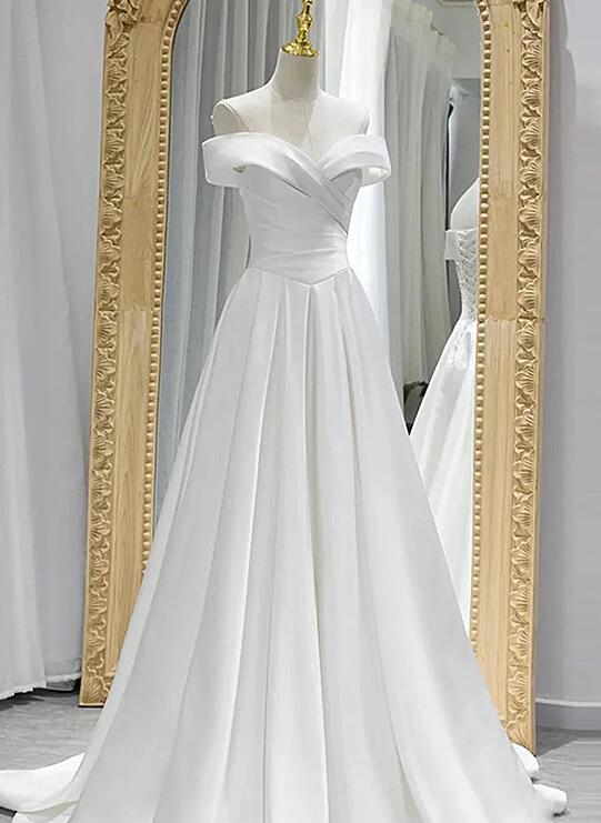 Off Shoulder White Satin Long Prom Dress