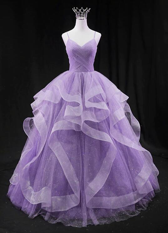 Ball Gown Light Purple Tulle Long Layers Straps Party Dress