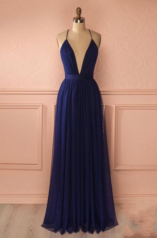 A Line V Neck Cut Out Backless Prom Dresses LBQ0619