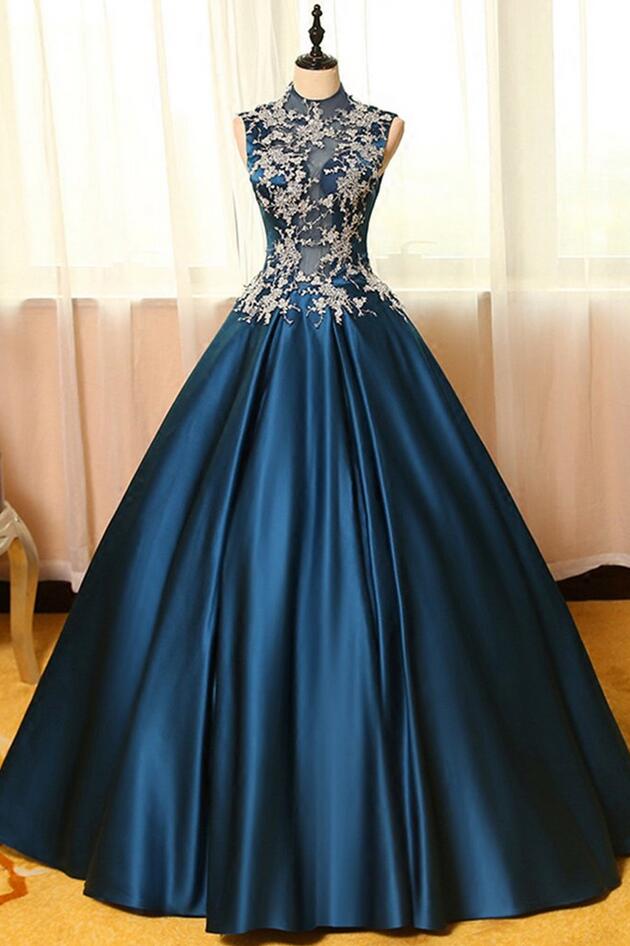 A Line Ball Gown Blue Satin Prom Dress With Lace Applique