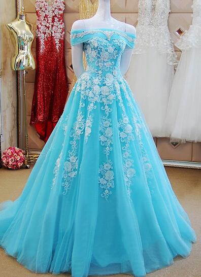 A Line Off the Shoulder Blue Tulle Prom Dresses with Gold Appliques and Slit LBQ2371