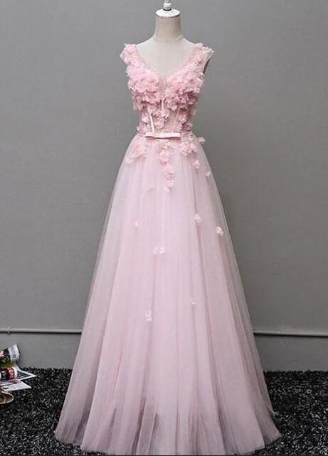 A Line V-neckline Floral And Tulle Pink Long Prom Dress