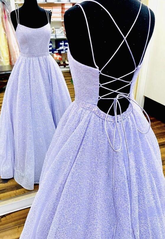 A Line Purple Tulle Sequin Long Prom Dress