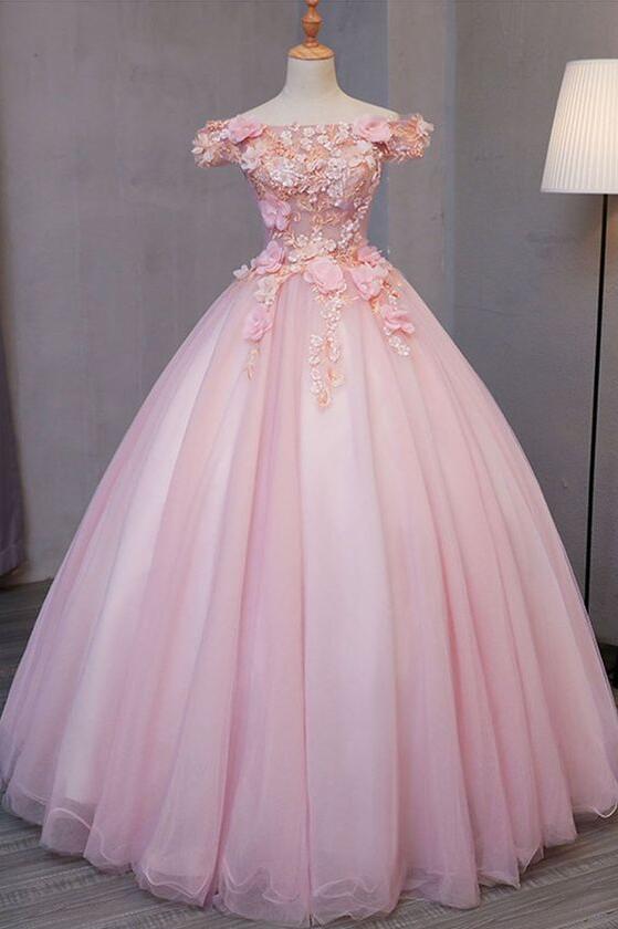 long poofy dress Princess Pink Tulle Long Quinceanera Dress, Puffy Prom Gown With Flowers  CHP0291
