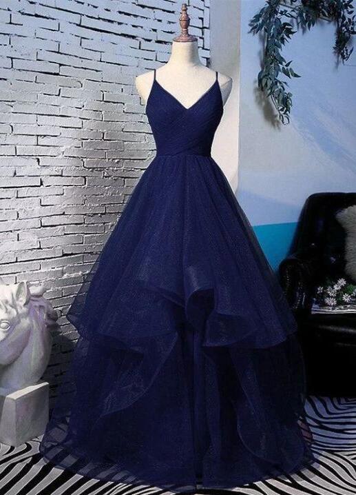 Pretty Navy Blue Tulle Straps Long Prom Dress