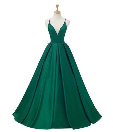 Hunter Green V Neck Long Prom Dress