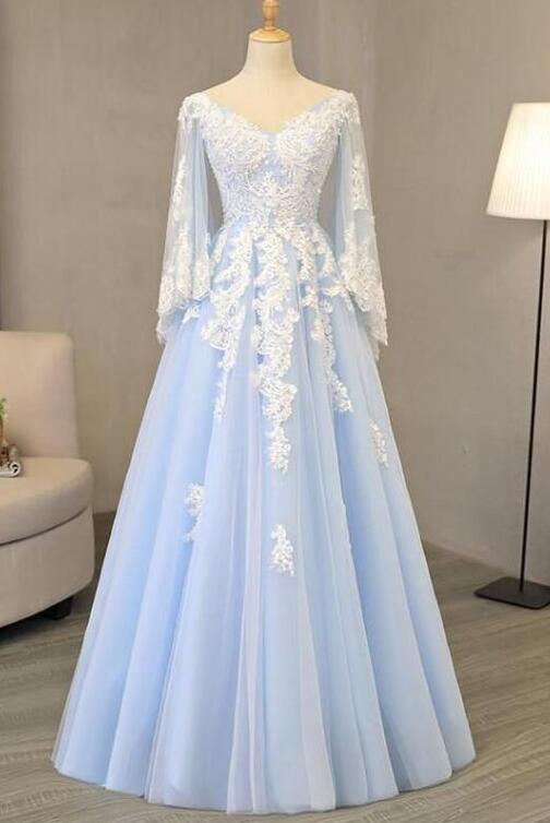 Light Blue Tulle Lace Appliques A-line Prom Dress