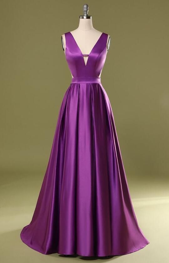 Purple A-line Straps V-neck See Through Cheap Long Prom Dresses Online,12681 main image 1