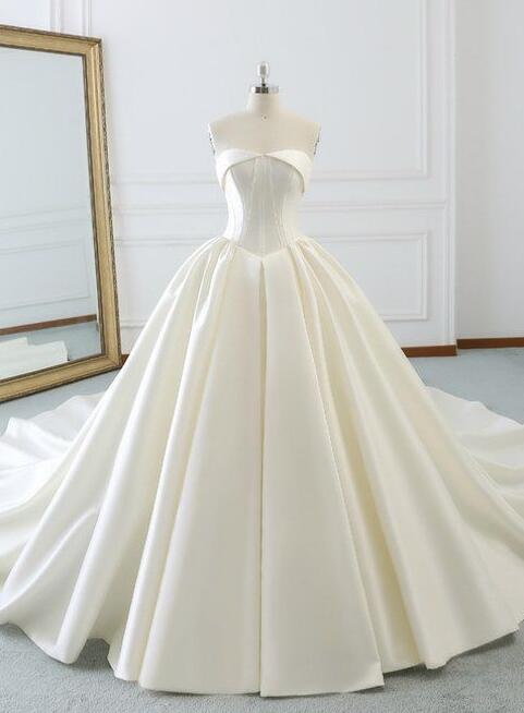 Strapless Ivory White Ball Gown Satin Wedding Dress With Long Train