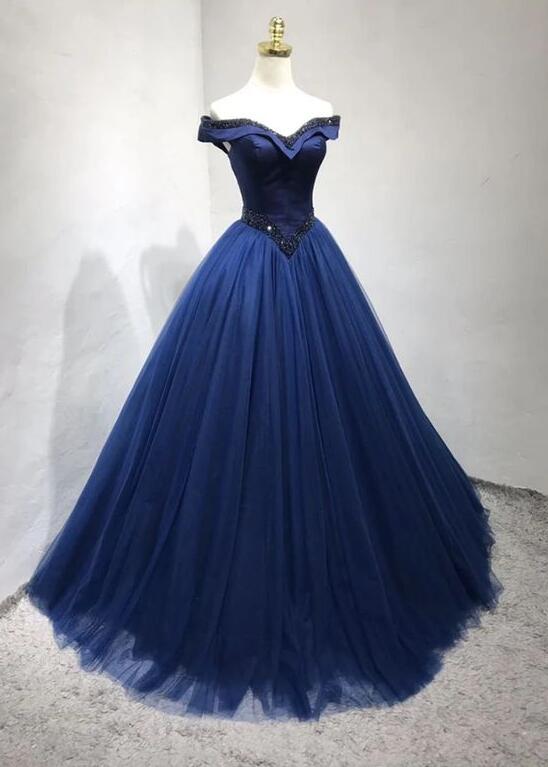 Off The Shoulder Navy Blue Long Prom/evening Dress