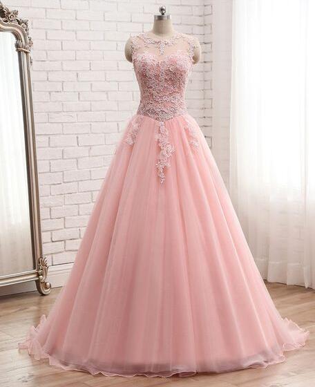 Pink A line tulle lace prom dress tulle party dress