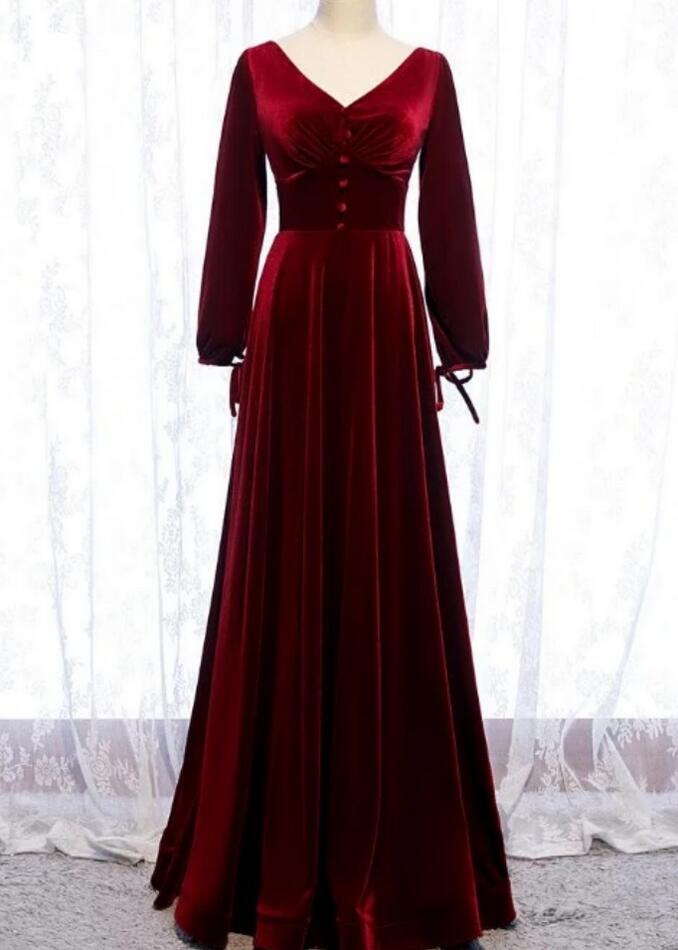 Red Square Neck Long Sleeves A-Line Velvet Long Party Gown, DP3487 main image 1