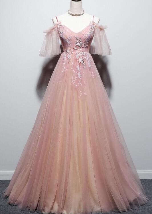 A Line Pink Tulle V-neckline Floral Long Prom Dress