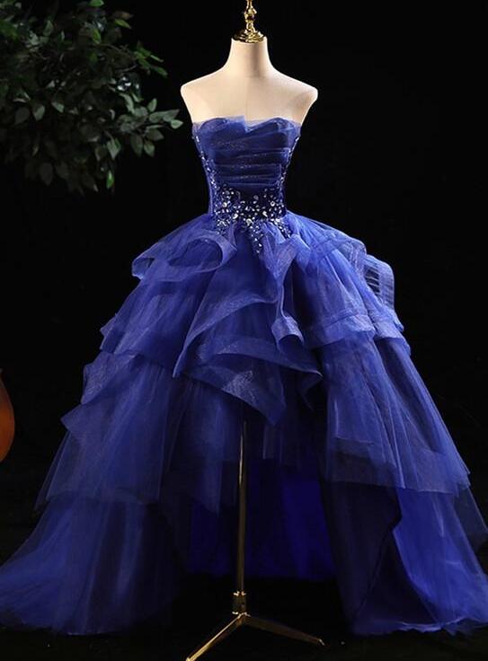 Vintage High Low Blue Ruffles Tiered Crystal Beaded Top Prom Dress