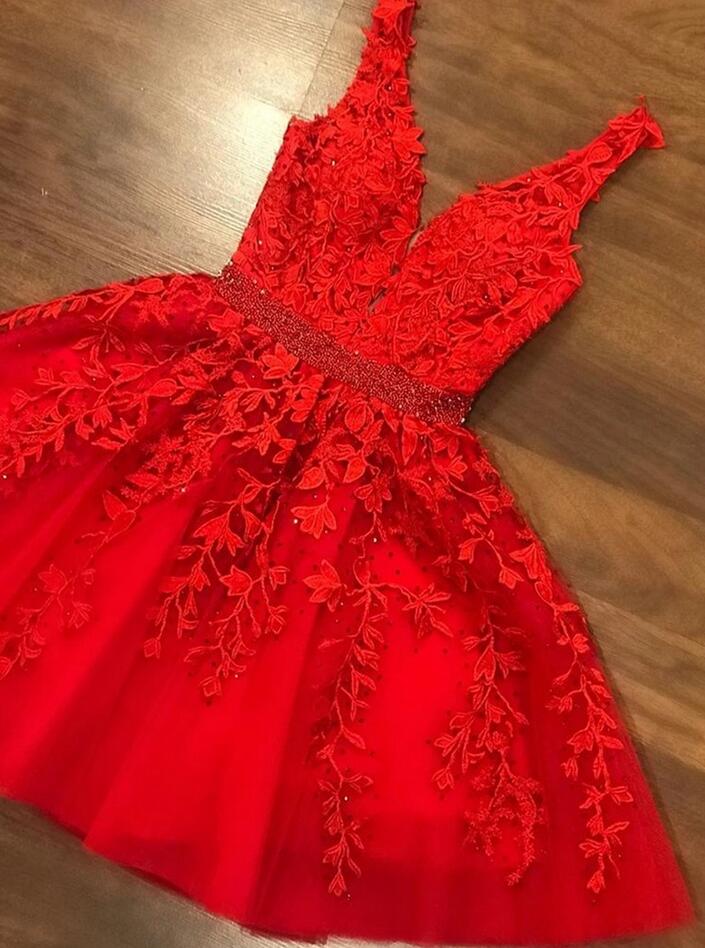 Vintage Red V Neck Short Birthday Outfits Formal Homecoming Dress cc3272 main image 1