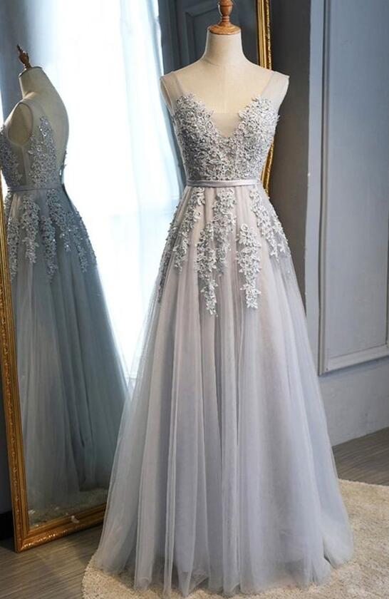 Charming Gray V Neck Long Prom Dress With Lace