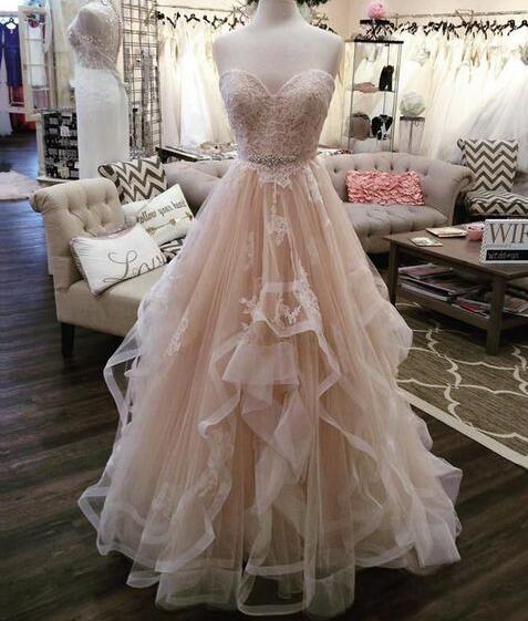 A Line Light Pink Tulle Lace Long Prom Dress
