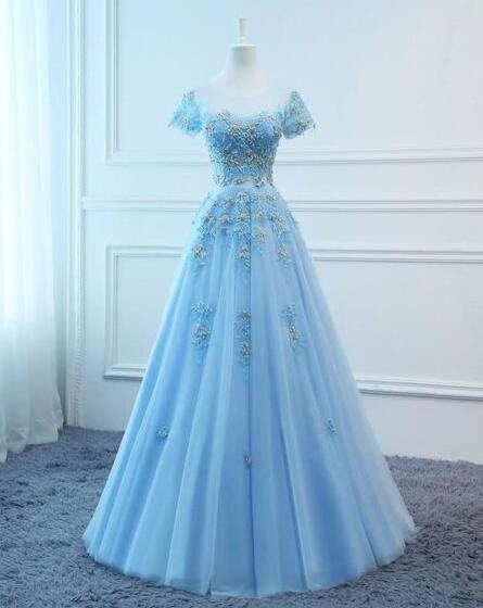 A Line Blue Foral Tulle Prom Dress Women Formal Gown