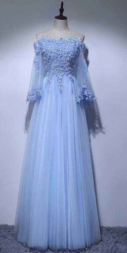 Off Shoulder Light Blue Lace Long Sleeve Tulle Prom Dress On Luulla 7192