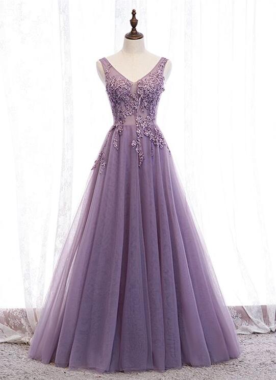 A Line V Neck Purple Beading Appliques Tulle Prom Dress
