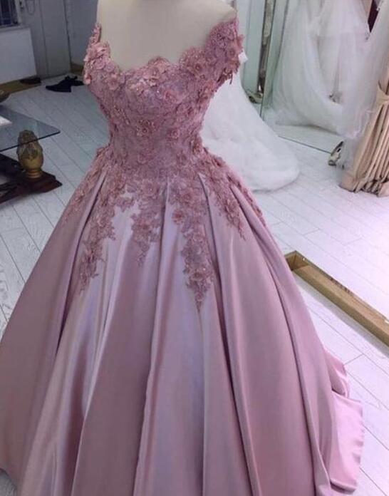Off Shoulder Dusty Rose Ball Gown Prom Dresses With Flowers