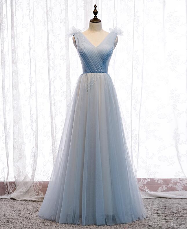 A Line Blue V Neck Tulle Long Prom Dress
